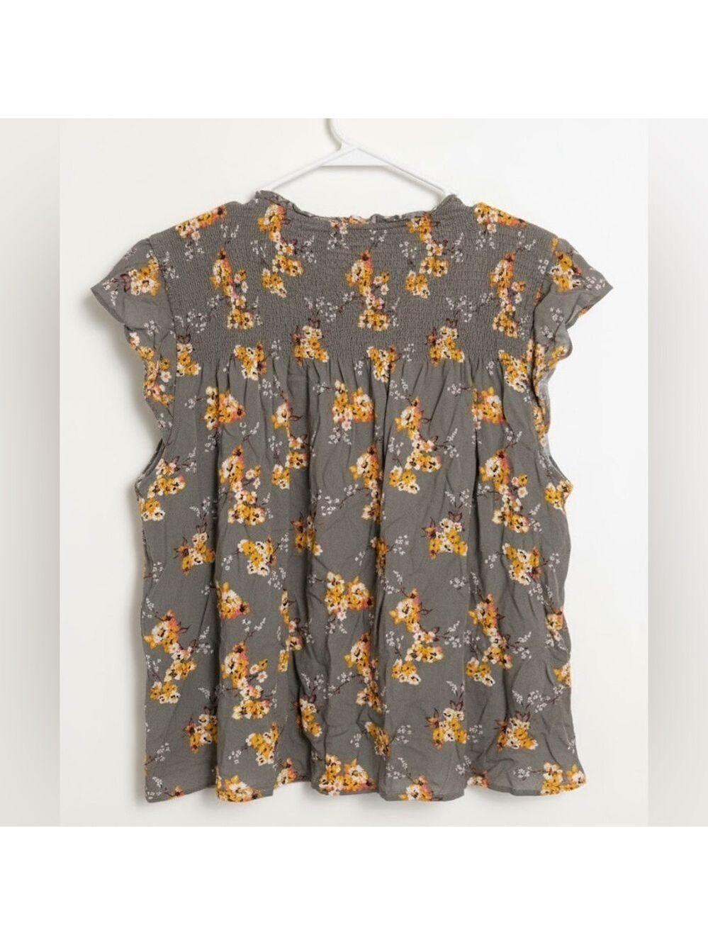 Mason & Belle Floral Smocked Button Front Top 2X Olive Green Boho Peasant - Picture 3 of 5